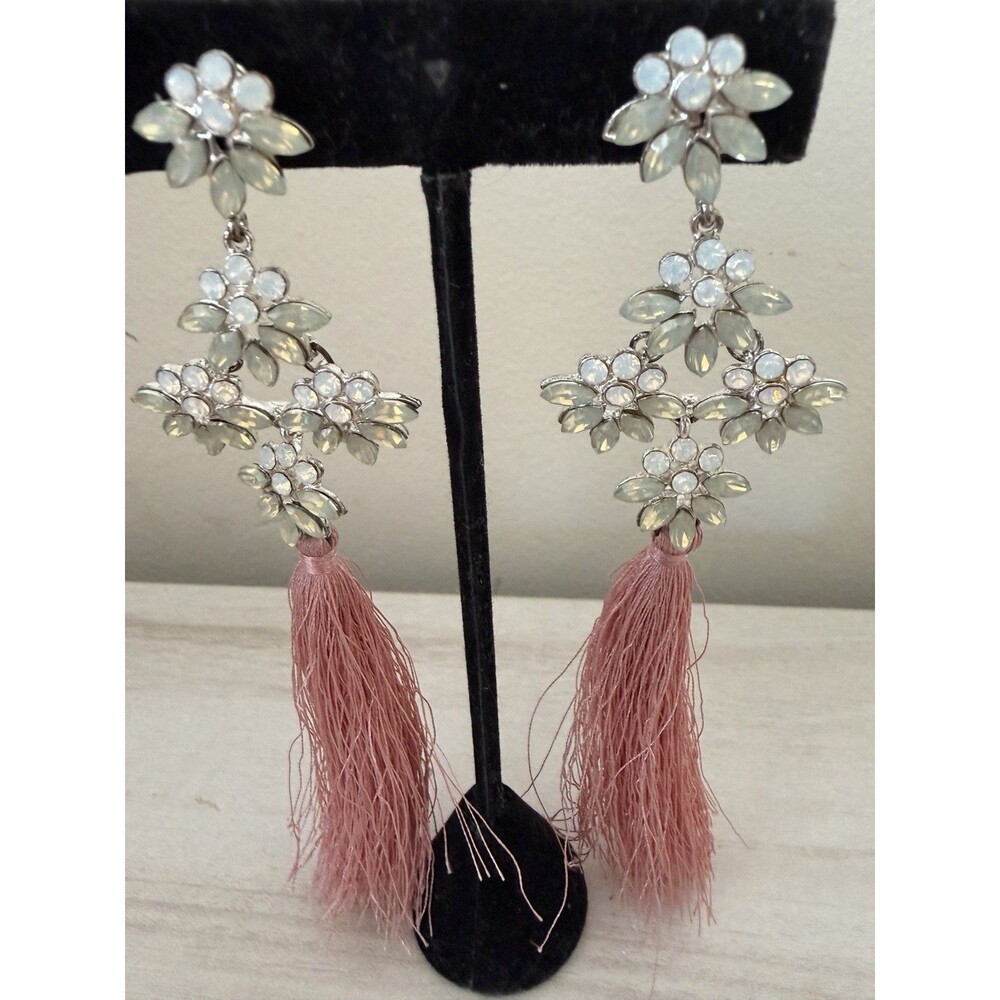 Tassel Drop Dangle Chandelier Earrings 5” inch Pink Rhinestone Pageant Prom